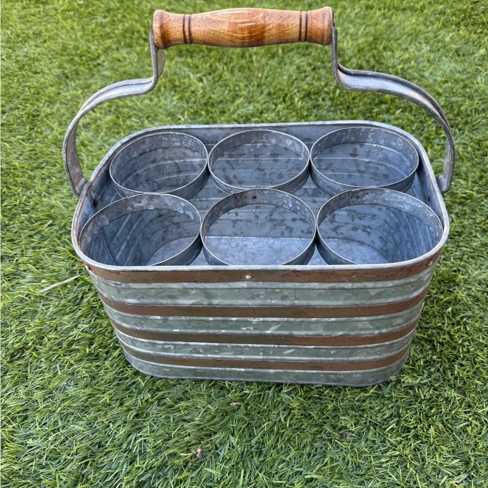 Galvanized Metal 6-Bottle Caddy/Carrier with Wood Handle